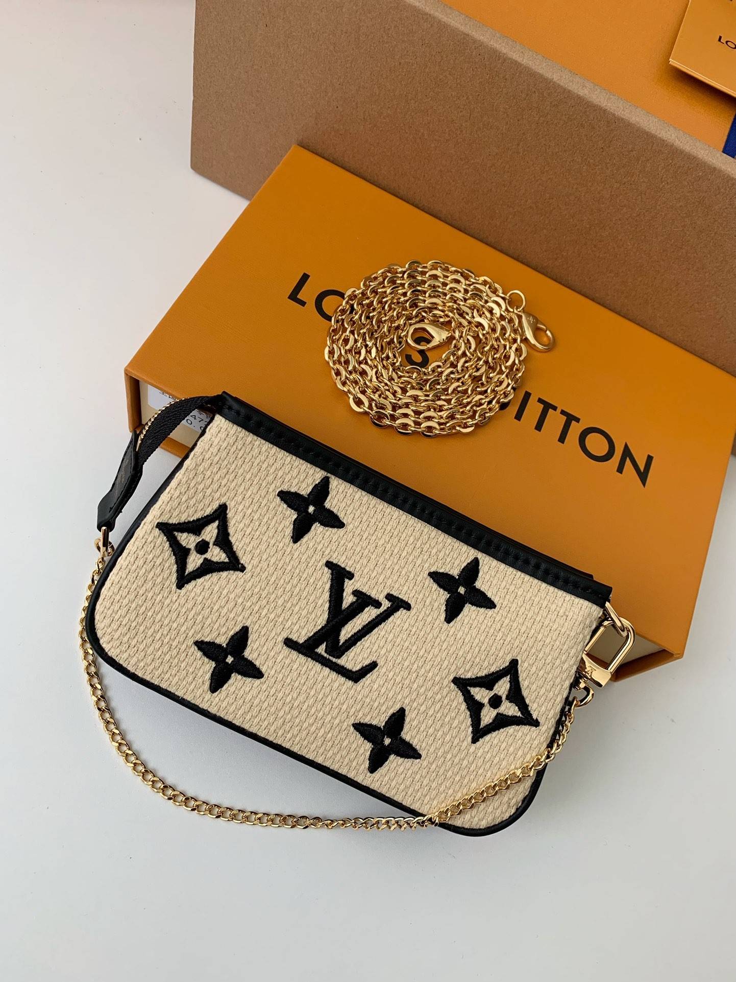 L*V New Lafite Cotton Embroidery MINI POCHETTE ACCESSOIRES Hand Chain Small Bag M82472